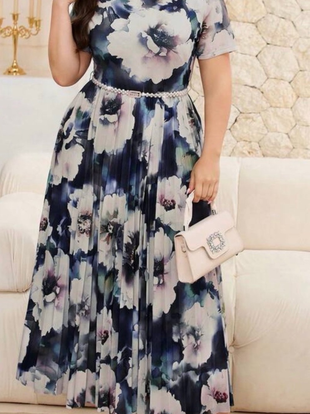 Floral Pleated Maxi Dress in Navy and White (belt not included)